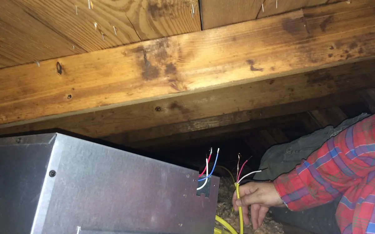 Bathroom exhaust fan housing being wired in between ceiling joists