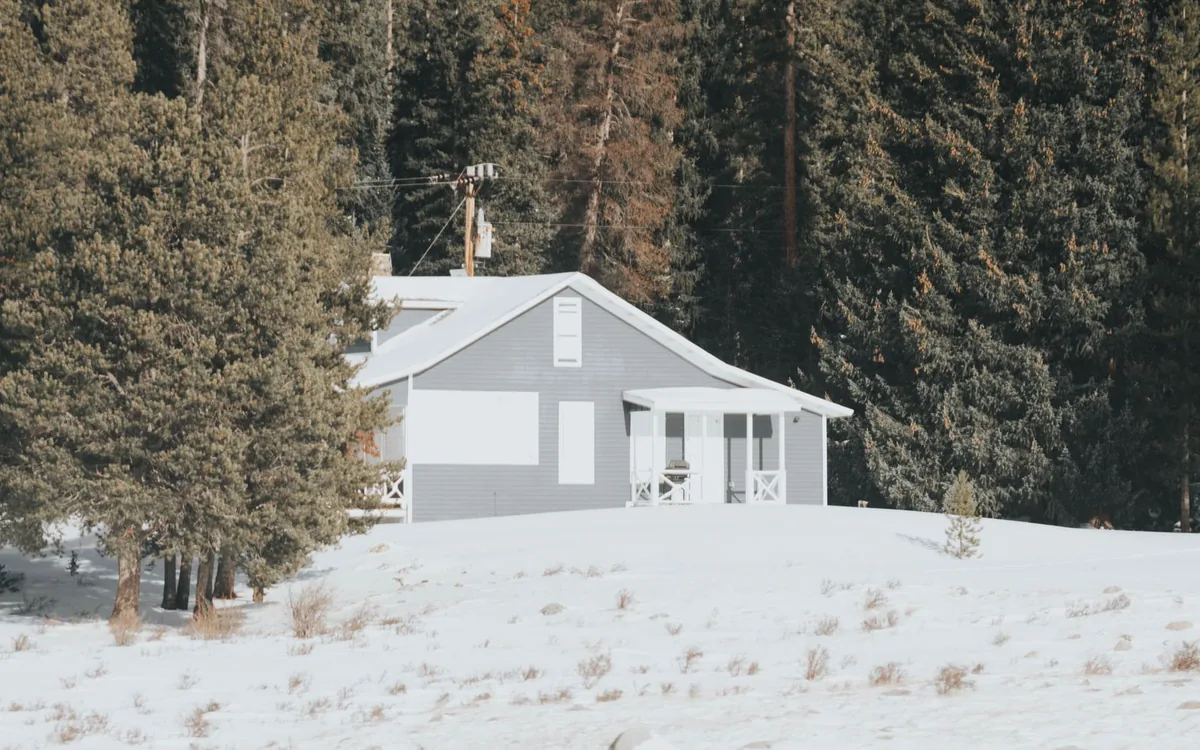Gray house with a snow-covered roof below a forest of pine trees on a sunny winter day